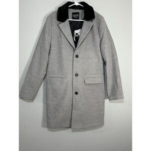 BoohooMAN Mens Grey Faux‎ Fur Collar Single Breasted Overcoat XL